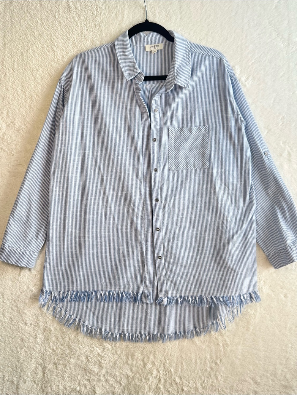 Umgee USA Tunic Button Up Shirt Women's Medium Blue Pinstripe Cotton Coastal